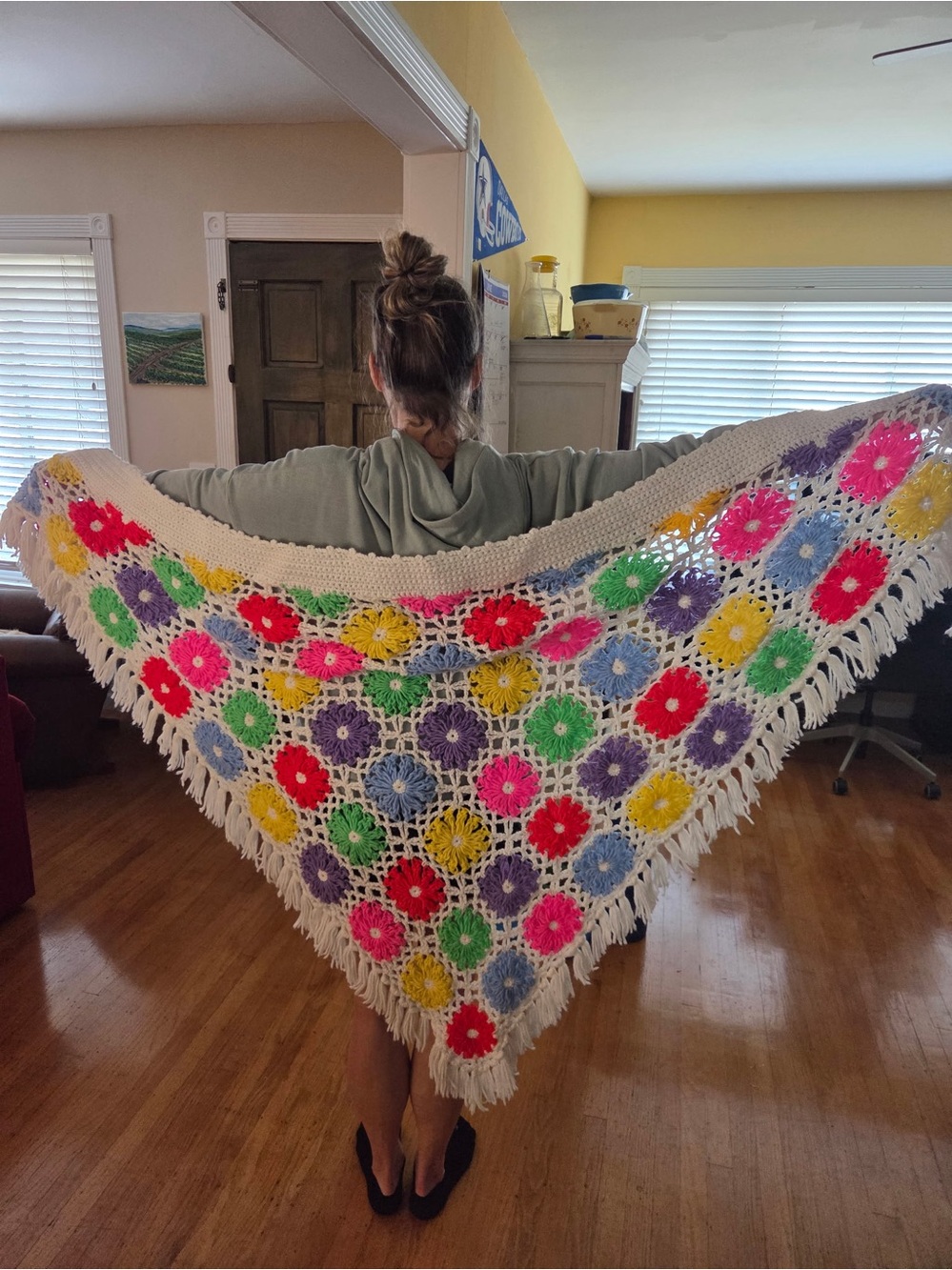 Handmade Crochet Triangle Shawl with Bright Floral Motif